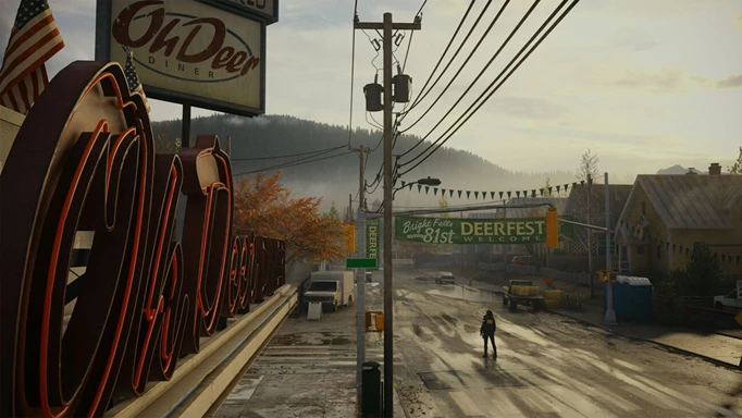 Key art for Alan Wake 2. It shows the Oh Deer Diner with a banner advertising "Deerfest"