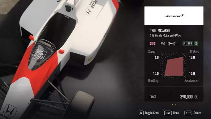 The Honda McLaren MP4/4, the fastest x-class car in Forza Motorsport