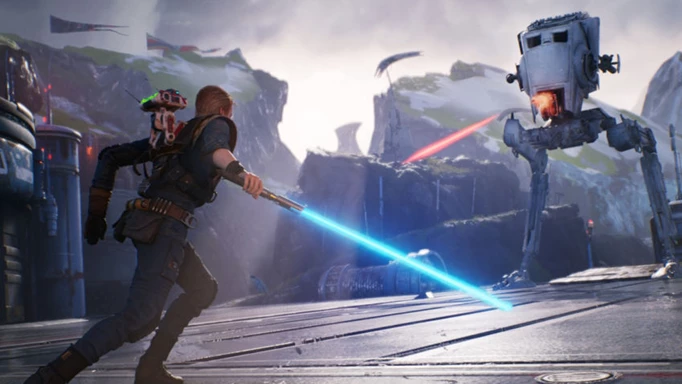 Cal taking on driod with lightsaber in Jedi Fallen Order