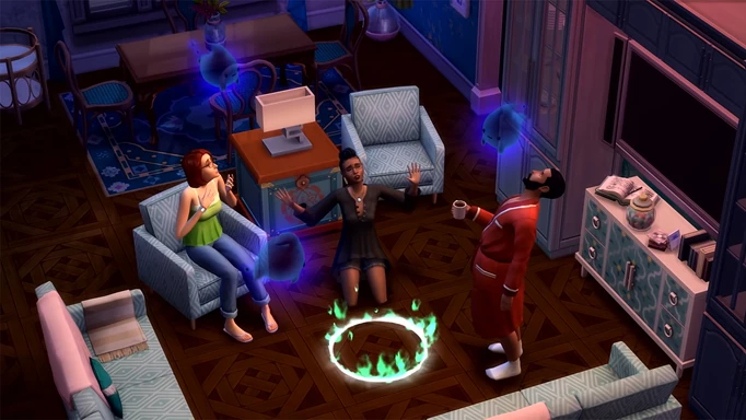 Characters from The Sims 4 sitting down, with gameplay from Paranormal Stuff
