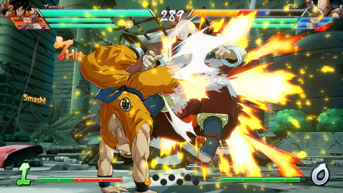 Yamcha hits Tien with a huge kick in Dragon Ball FighterZ
