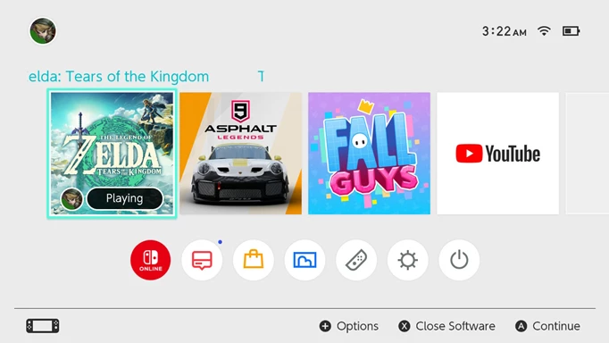 The home screen of the Nintendo Switch with Zelda open