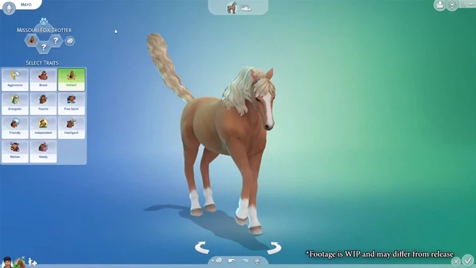Screenshot from the Behind the Sims Livestream featuring a horse traits in CAS