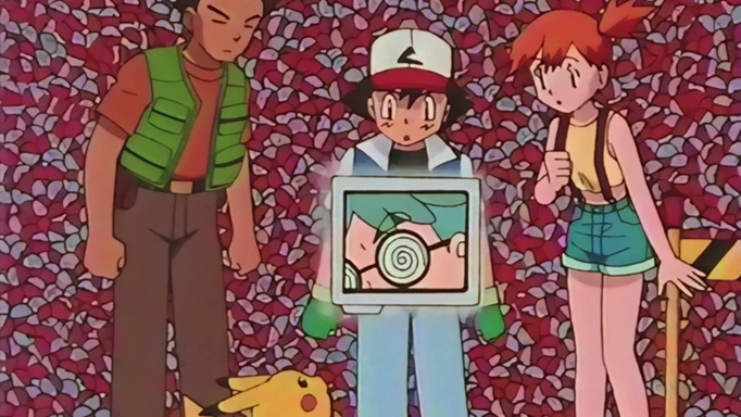Ash, Brock, Misty and Pikachu in Computer Warrior Porygon.
