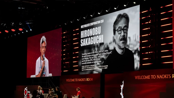 Image of Hironobu Sakaguchi at the Naoki's Room panel during Final Fantasy Fan Fest London 2023