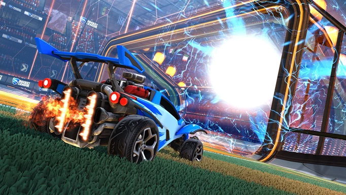 A Rocket League car scoring a goal