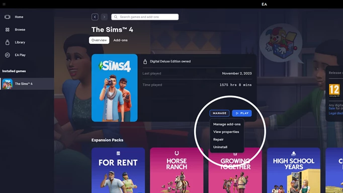 screenshot showing the repair game files option in the EA app