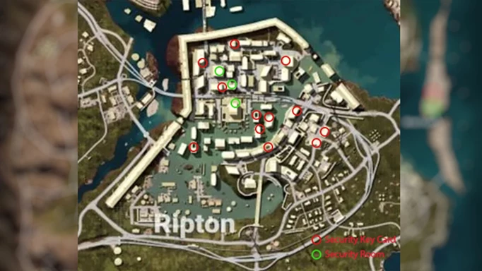 Map Ripton dans PUBG montrant la salle de sécurité et les emplacements clés de sécurité