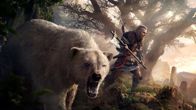 Eivor with an axe standing beside a bear