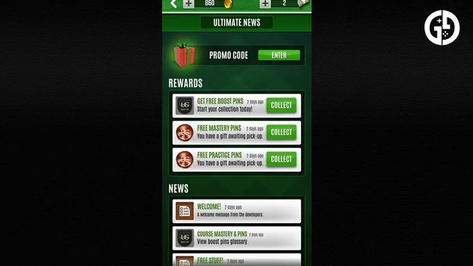 Ultimate Golf code redeem screen