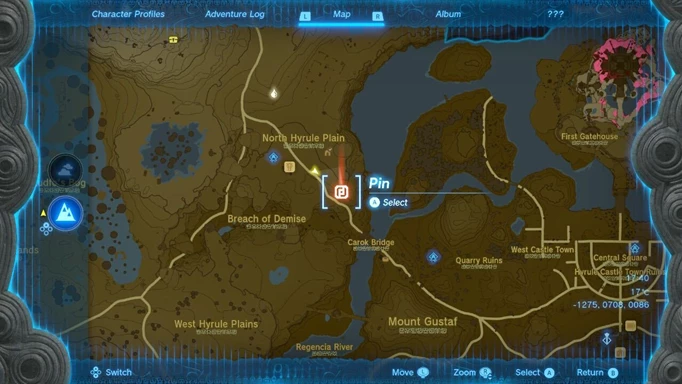 A map showing the location of the Climbing Gear in  The Legend of Zelda: Tears of the Kingdom