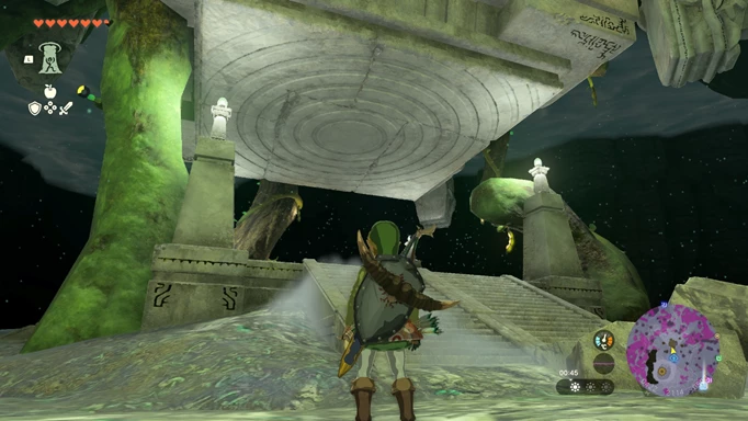 Screenshot of a stone tower in Korok Grove in Zelda: Tears of the Kingdom