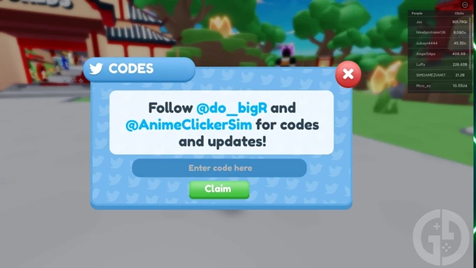 The page to redeem Anime Clicker codes in the game on Roblox