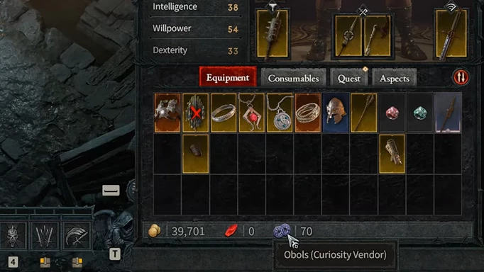 Viewing Murmuring Obols in the inventory in Diablo 4