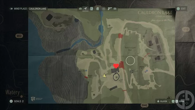 A map showing the location of Nightingale's Heart in Alan Wake 2