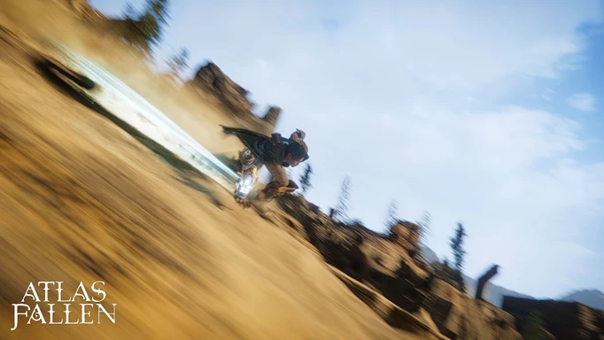 Atlas Fallen Preview: The man character sliding down a hill of sand