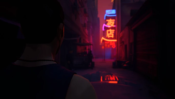 Sifu Review: A neon sign reflects off a puddle.