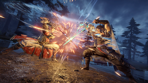 Two characters in NARAKA: Bladepoint clash swords.