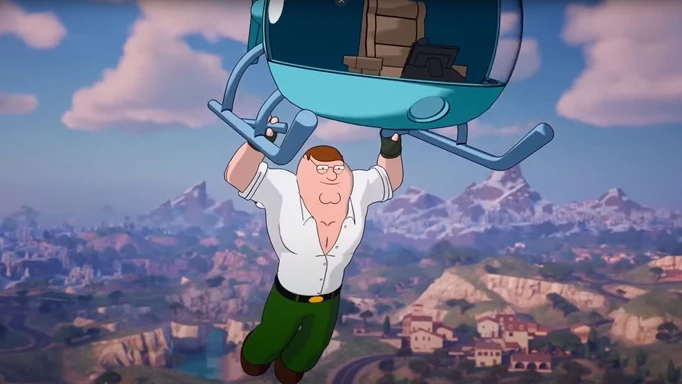 Peter Griffin dropping in with the Petercopter in Fortnite.