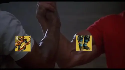The icons of the Vex Mythoclast and Rain of Fire on the biceps of Dutch and Dillon from Predator