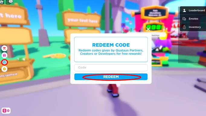 In-game screenshot showing how to redeem the LazarBeam stand in Pls Donate