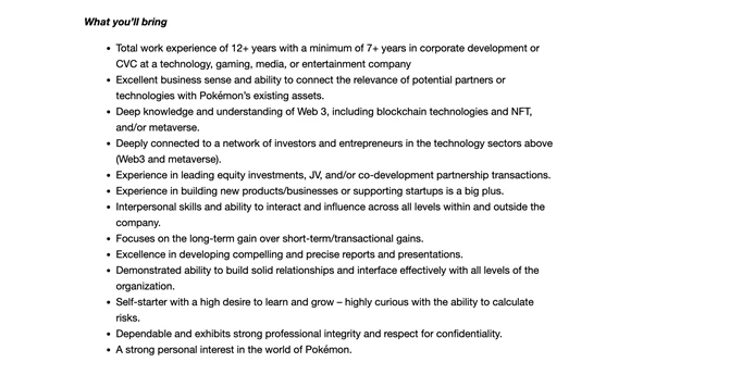 The Pokemon Company NFT job listing