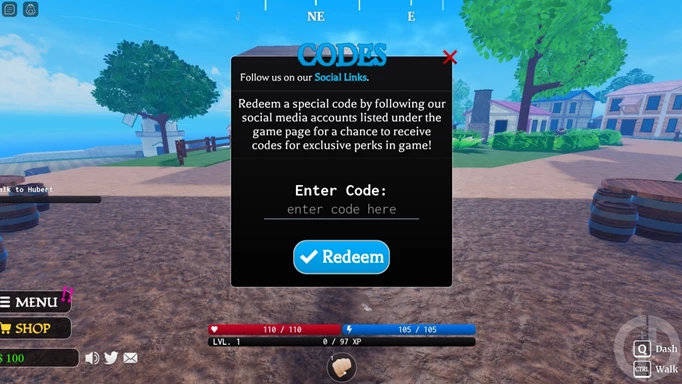 The code redemption screen in Pirate Legacy for Roblox