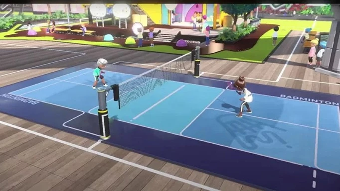 Two Sportsmates prepare to play Nintendo Switch Sports badminton.