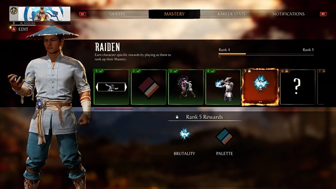 Raiden's mastery level menu in Mortal Kombat 1