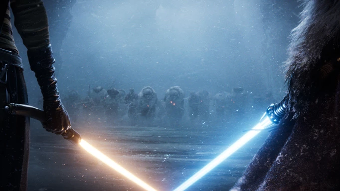 Two crossed lightsabers, preparing for battle against an oncoming attack.