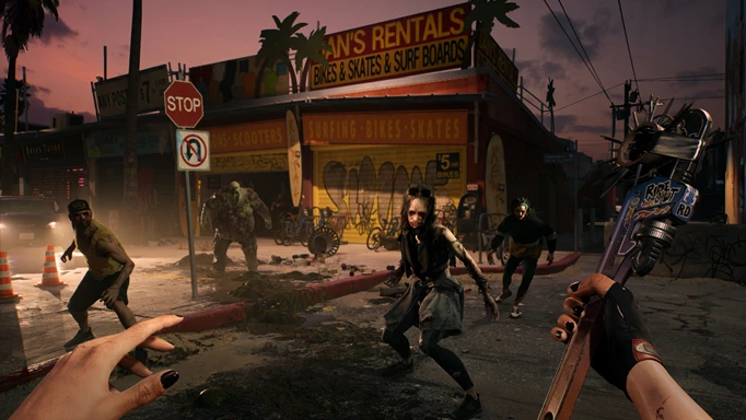 Screenshot of Dead Island 2 where a character is holding a wrench with a zombie in front of them
