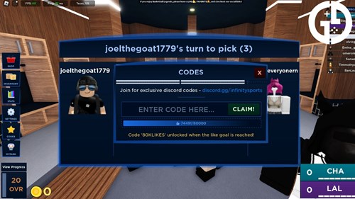 The menu to redeem Basketball Legends codes in the Roblox game