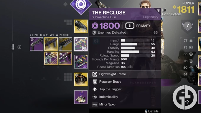 The Recluse SMG in the Destiny 2 inventory screen