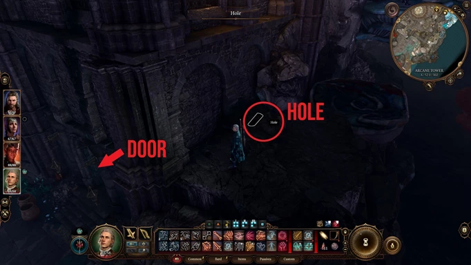 Image of the door and hole outside of the Arcane Tower in Baldur's Gate 3