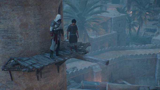 Basim and a boy standing on the edge of a ledge in Assassin's Creed Mirage