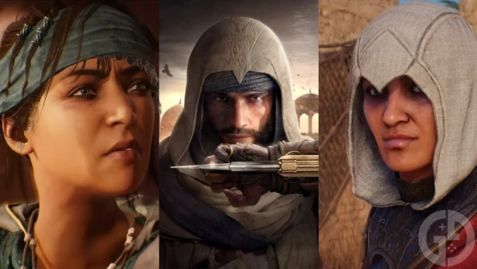 Three characters in the Assassin's Creed Mirage voice actors cast list: Hadya, Basim, and Roshan