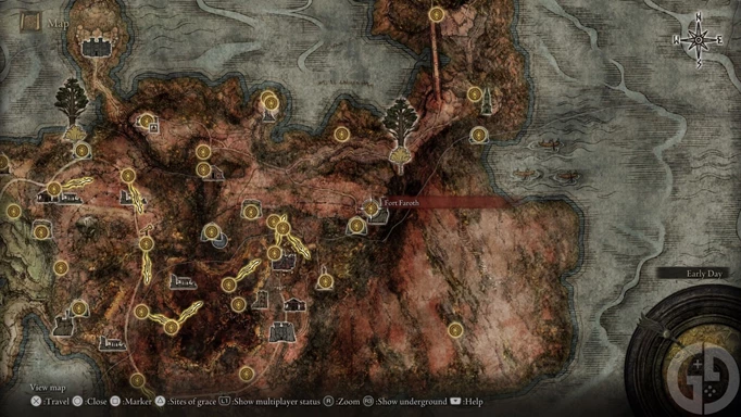 The location of Greyoll on the Elden Ring Map