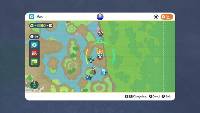 A map of Fellhorn Gorge in The Teal Mask DLC, one of the Prism Scale locations in Pokemon Scaret & Violet