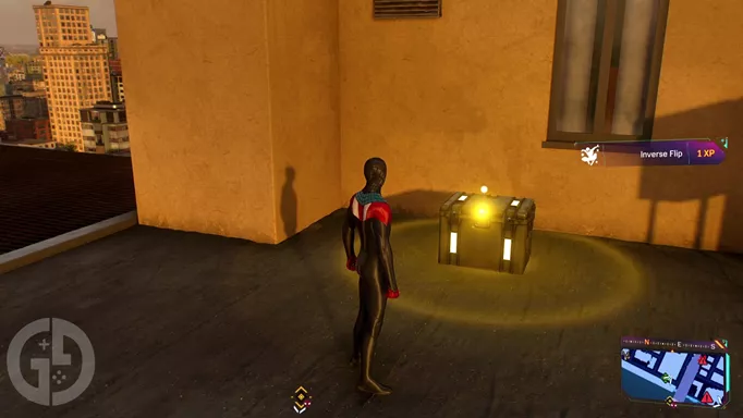 A yellow-lit Hunter Tech Crate with Rare Tech Parts in Marvel's Spider-Man 2