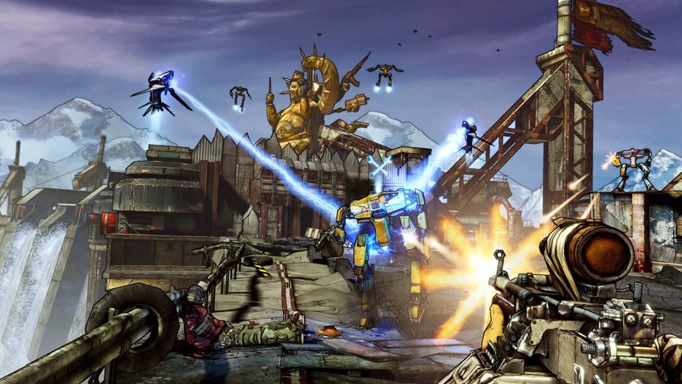 Players and robots fire on a mech in Borderlands 2.