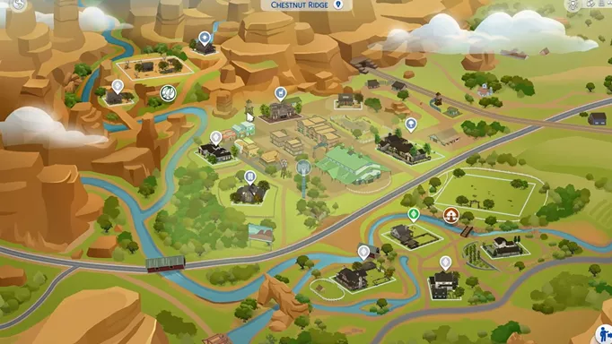 Screenshot of Chestnut Ridge, the new world within The Sims 4 Horse Ranch pack