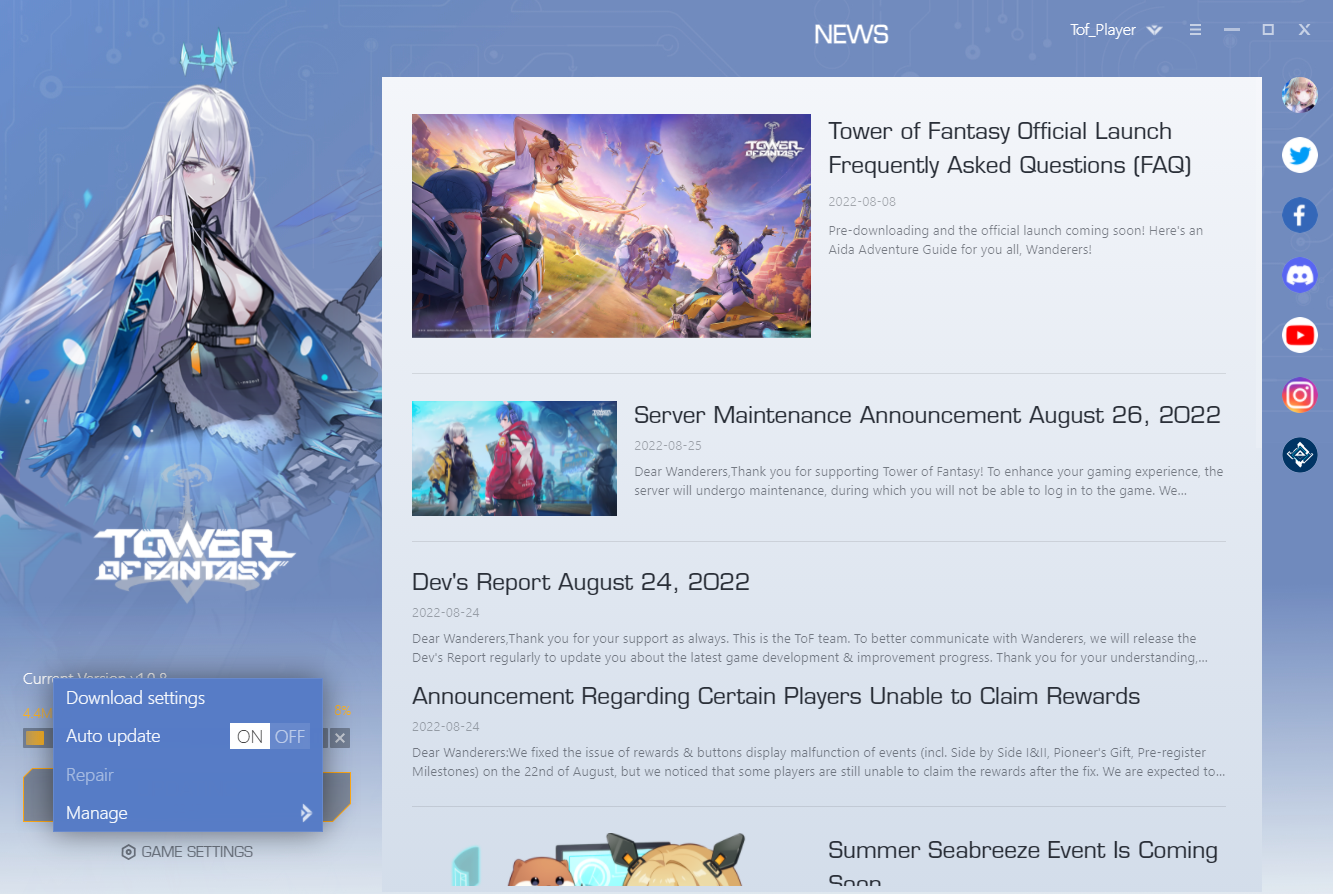 Screenshot showing the repair button in Tower of Fantasy's launcher