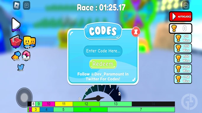 The code redeem screen for Swim Race Clicker in Roblox