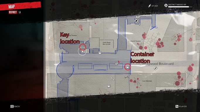 an image of the Dead Island 2 map showing Starla's Safe key location
