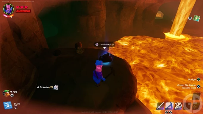 A cave filled with lava in LEGO Fortnite