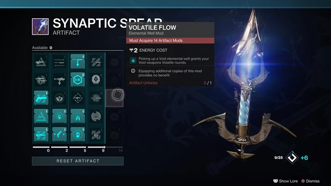 Destiny 2 Employing The Uncertain: Synaptic Spear menu.