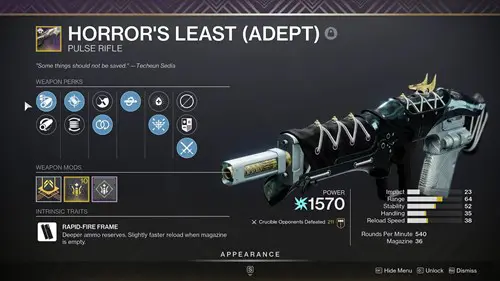 The stat page for the adept Horror's Least