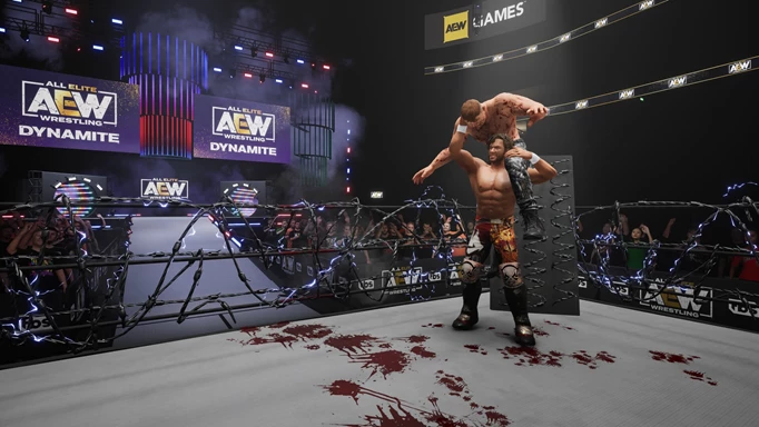 AEW Fight Forever screenshot showing wrestlers fighting with blood on the floor