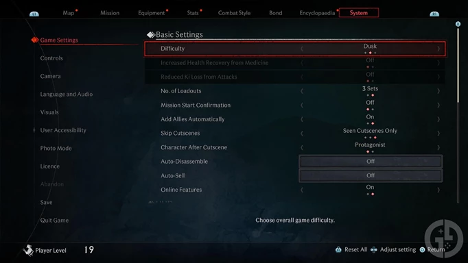 Difficulty settings in Rise of the Ronin