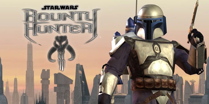 Key Art for Star Wars Bounty Hunter featuring Jango Fett holding a blaster